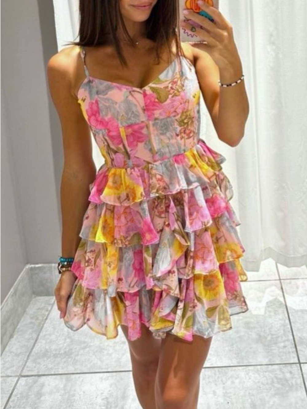 Floral Ruffle Tiered Mini Dress - Pink & Yellow